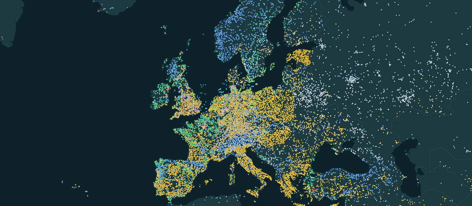 European project and site records from the March 2025 infrastructure snapshot. Overview positions are thinned for readability; explore component layers in Atlas.
